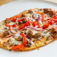 Mediterranean Pizza · Roasted red pepper , onions, mozzarella, lamb sausage, and tomato sauce.