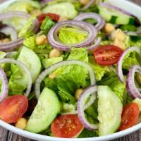 House Salad · Romaine, red onions, grape tomatoes, cucumbers and kalamata olives. Served with side garlic ...