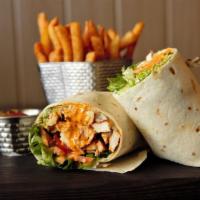 Chipotle Chicken Wrap (-) · Grilled chicken, Romaine, tomatoes, Provolone, chipotle mayo and side of fries.