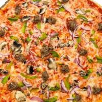 Vegan Life  Pizza · Regular dough (v), classic red sauce, vegan cheese (Daiya), beyond meat (plant based), mushr...