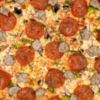 Supreme Pizza · Classic red sauce, shredded mozzarella, parmesan, sausage, pepperoni, red onions, mushrooms ...