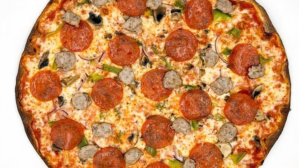 Supreme Pizza · Classic red sauce, shredded mozzarella, parmesan, sausage, pepperoni, red onions, mushrooms & green peppers