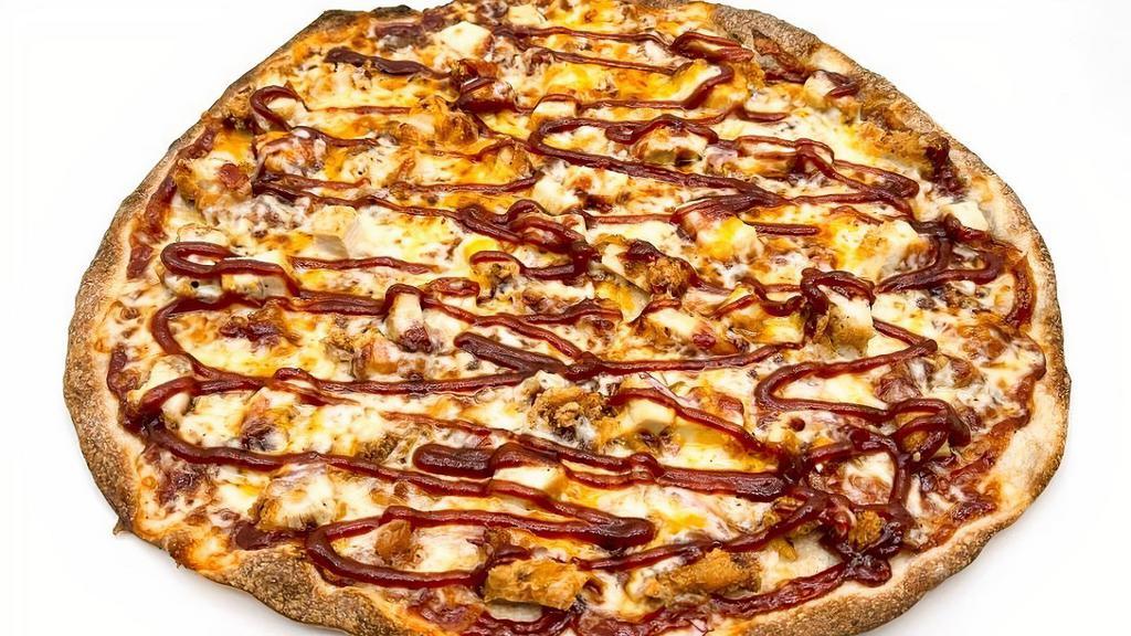 Smoke House Pizza · Shredded Mozzarella, Cheddar cheese, crispy chicken, caramelized onions, Applewood smoked bacon, and BBQ drizzle.
