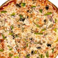 Veggie Pizza · Shredded mozarela, pizza sauce , fresh mushrooms, peppers, onions, black olives