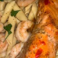 Baked Salmon & Garlic Shrimp · Oven Baked Salmon and Garlic Butter Shrimp served with Rice & peas