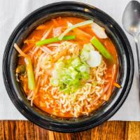 Spicy Shin Ramen · Korean style spicy ramen with mixed vegetables, eggs and scallions.