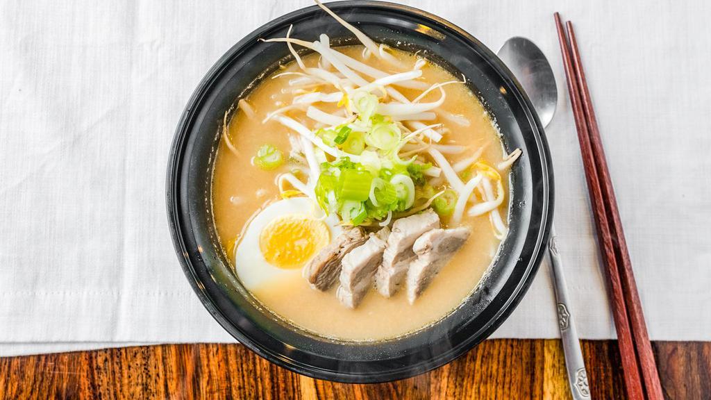 Miso Ramen · Japanese fermented bean paste base ramen with bean sprouts, pork, egg, and scallions.