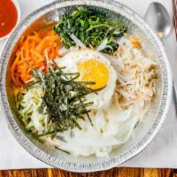 Bibimbap · 5 kinds of vegetables served with white rice and fried egg, drizzled with sesame oil, sprink...