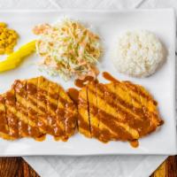 Don Katsu · Breaded, deep-fried pork cutlets covered in sauce. Served with white rice, salad and miso so...