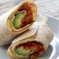 Breakfast Omelet Wrap  · Scrambled eggs (3), Applewood smoked
bacon, avocado, tomato on a spinach wrap.