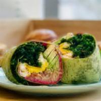 Quinoa Power Wrap · Two eggs, beet almond hummus, kale, quinoa, avocado, pickled red onions, drizzled with kale ...
