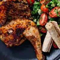 Greek Roasted Chicken · This tender roasted half chicken is served with tzatziki , horta plaki and warm lavash.