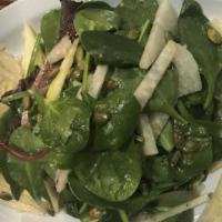 Maria Elena'S House Salad · Mix greens, jicama, green apple, pumpkin seeds and tamarind vinaigrette.
