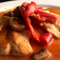 Chicken Marsala · Cooked in marsala wine with sweet Italian sausage, portobello mushrooms, roasted potatoes & ...