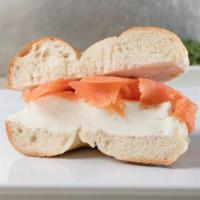 Bagel With Lox Cream Cheese · Boiled and baked round bread roll.