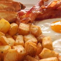 Breakfast Of Champions · Two eggs, bacon, home fries, toast.