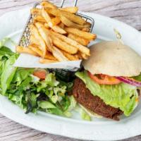 Falafel Burger · Falafel served with aioli sauce and French fries.