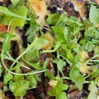Funguy Pizzette (Personal) · Seasonal mushrooms, gruyere, truffle honey, arugula.