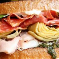 Loaded Grilled Italian  · Kalamata olives, marinated artichokes, pickled jalapeno, roasted pepper, prosciutto, salami ...