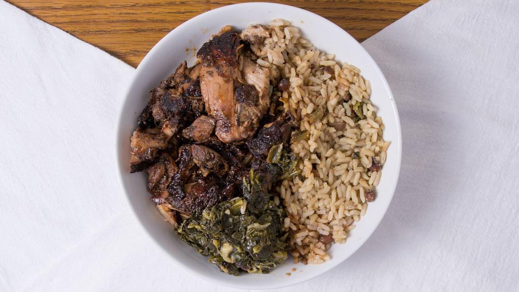 Jerk Chicken With White Rice · Boneless chicken, marinated in Jamaican jerk spices served with enriched white rice.