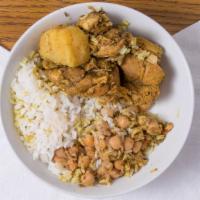 Chicken Curry With White Rice · Mildly spiced curry, simmered with boneless chicken and potatoes served with enriched white ...