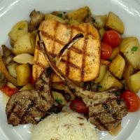 Fish & Chops · Salmon (7oz) and baby lamb chop (two pieces) char-grilled to perfection served with jasmine ...