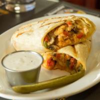 Bosphorus Chicken Wrap · Marinated diced chicken sauteed with bell pepper, mushroom, sundried tomato and onion, tosse...