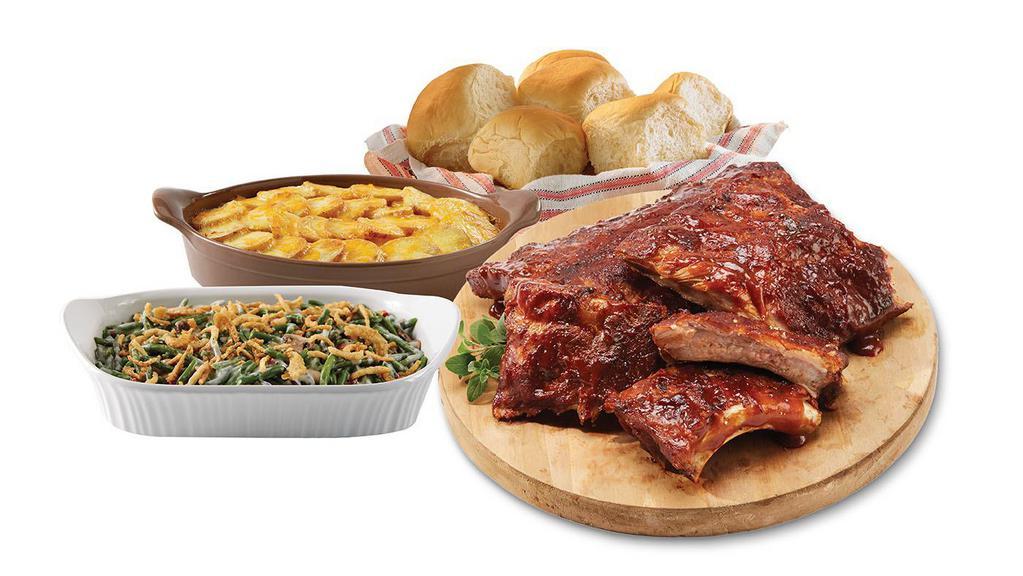 Melt-In-Your-Mouth Bbq Rib Dinner - 2 Racks Bbq Pork Ribs · Serve the new Melt-in-Your-Mouth BBQ Pork Rib Dinner any night of the week! This meal features 2 racks of our premium, fall-of-the-bone baby back BBQ Pork Ribs covered with a sweet, tangy BBQ sauce. Just heat and serve. Also included with this meal are two frozen Heat & Serve side dishes - our Loaded Smashed Potatoes and Green Bean Casserole (simply bake or microwave those) and a package of King's Hawaiian rolls. Serves 4-6.