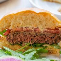  Impossible Burger · Brioche bun, pepperoncini mayo, tomato, red onion, arugula, and roasted potatoes. Vegan