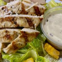 Grilled Chicken Caesar Salad (16 Oz) · Romaine lettuce, grilled chicken, Parmesan cheese, croutons with Caesar dressing.