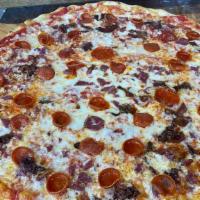 Pork Lover Pizza · Large.  Plum Tomato Sauce, Mozzarella Cheese, Pepperoni, Bacon & Sausage spinkle w/Pecorino ...