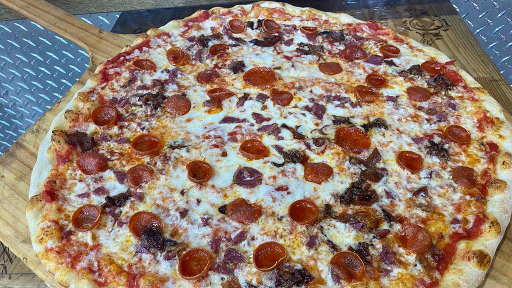 Pork Lover Pizza · Large.  Plum Tomato Sauce, Mozzarella Cheese, Pepperoni, Bacon & Sausage spinkle w/Pecorino Romano Cheese