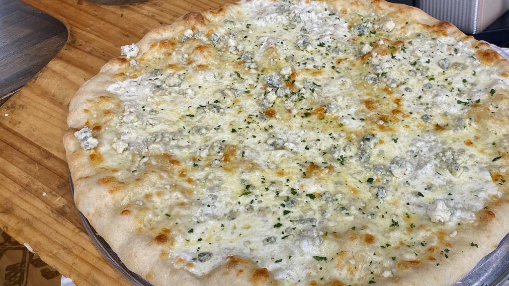 Al Formaggio White Pizza Large · Large.  Pizza dough (high gluten flour, yeast, water, salt and olive oil) mozzarella cheese, fresh mozzarella cheese, ricotta cheese and goat cheese.