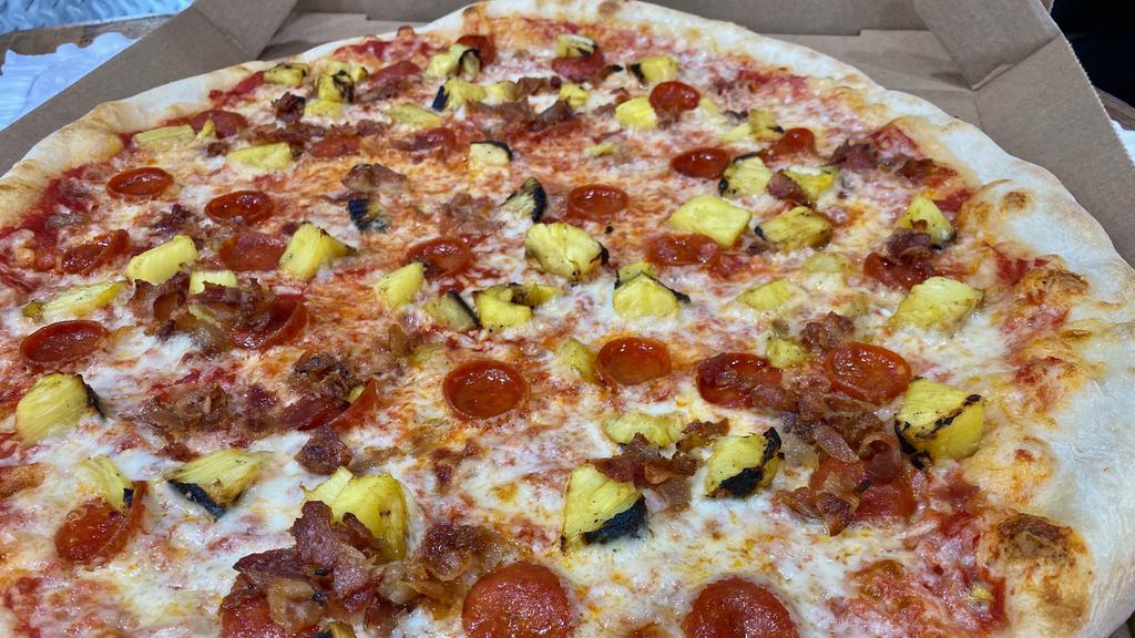 Gc Hawaiian Pizza · Large.  Plum Tomato Sauce, Mozzarella Cheese, Pepperoni, Bacon and Grilled Pineapple
