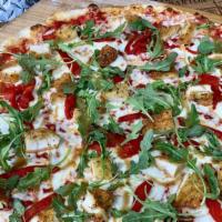 Chicken Cutlet Pizza W/Balsamic Reduction · Large.  Plum Tomato Sauce, Mozzarella Cheese, Chicken Cutlet, Roasted Peppers, Baby Arugula,...
