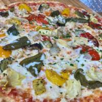 Vegetable Primavera Pizza · Large.  Plum Tomato Sauce, Mozzarella Cheese, Roasted Red Peppers, Broccoli, Artichoke Heart...
