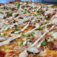 Grilled Chicken Ranchero W/Bacon Pizza · Large.  Plum Tomato Sauce, Mozzarella Cheese, Grilled Chicken, Ranchero Sauce, topped with F...