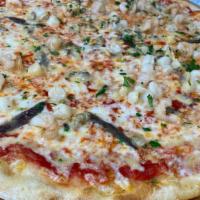 Seafood Pizza · Shrimps in shell, Mussels, ScalLops, fresh basil, mozzarella, fresh garlic, tomato sauce. LA...