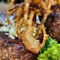 Filet Mignon Grilled · Filet Mignon topped with gorgonzola cheese and caramelized onion