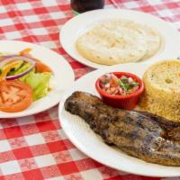 Carne Asada · Grilled New York Strip Steak, With rice, Beans and pico de gallo 
Carne Asada: Arroz, Frijol...