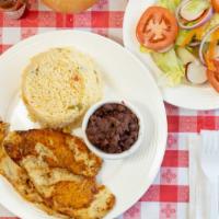 Pechuga De Pollo Asada · Pechuga de pollo asada con Arroz, Frijoles y ensalada
Grilled Chicken Breast With rice, Bean...