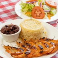 Camarones A La Plancha · Camarones a la Plancha con Arroz, Frijoles y ensalada
Grilled Shrimp with rice, Beans and sa...
