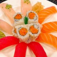 Triple Color Sushi Combo · Three pieces of tuna, three pieces of salmon, three pieces of yellowtail, and a spicy tuna r...