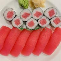 Tuna Sushi Combo · Six pieces of tuna and a tuna roll.
