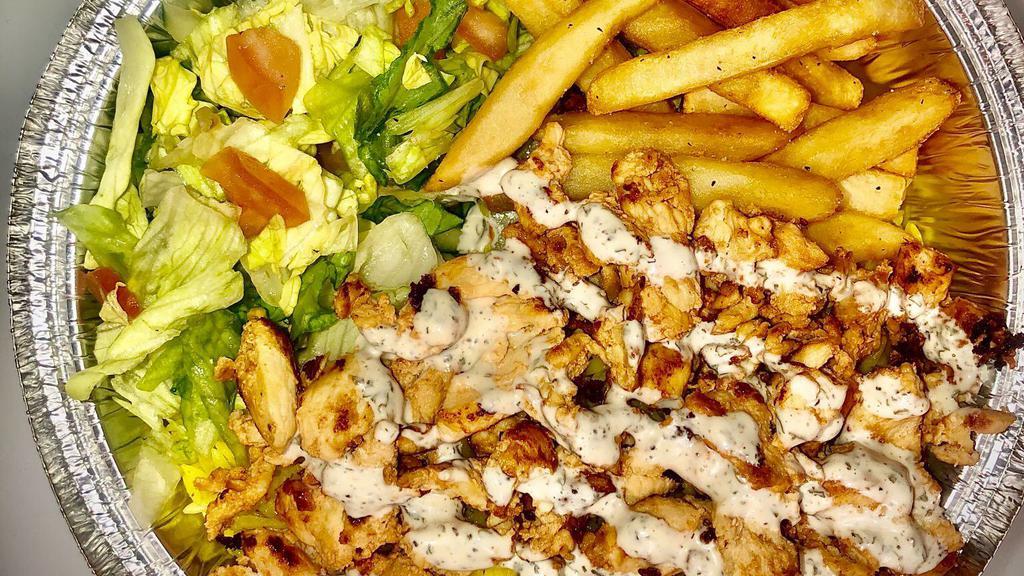 Gyro Platter Chicken · chicken gyro, rice, fries, salad, tzatziki.