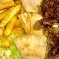 Gyro Beef Platter · Beef,Rice, Salad, Fries, white Sauce