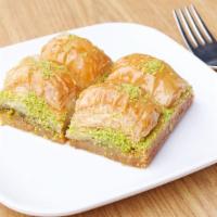 Baklava · 4 pieces. Sweet layered pastry with chopped nuts sweetened with syrup.