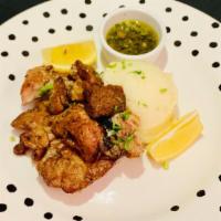 Veal Sweetbreads · Mollejas. Grilled veal sweetbreads, homemade mashed potatoes, and chimichurri sauce.