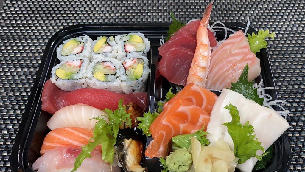 Sushi Annd Sashimi Combo · 5 pcs. of sushi, 13 pcs. of sashimi and California roll .