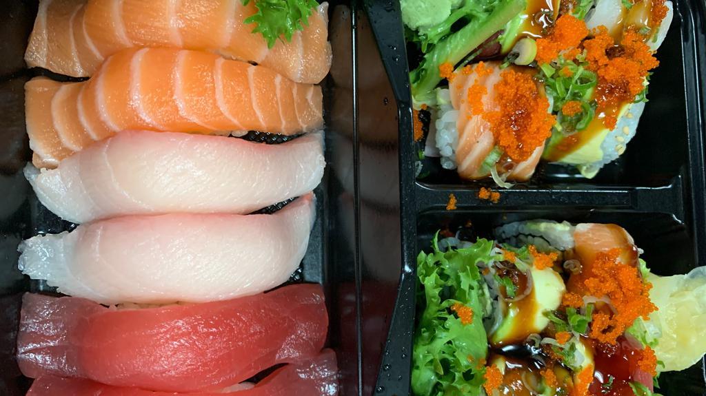 Sushi Bar Special · 2 pcs tuna, 2 pcs salmon, 2 pcs yellowtail, 1 rainbow roll.